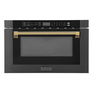 ZLINE Autograph 24" 1.2 cu. ft. Built-in Microwave Drawer in Black Stainless Steel and Polished Gold Helix Handle, MWDZ-1-BS-H-KG