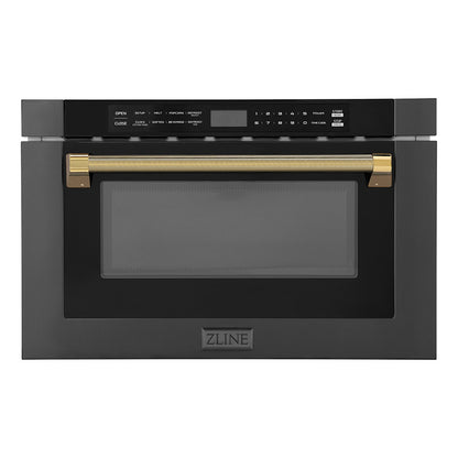 ZLINE Autograph 24" 1.2 cu. ft. Built-in Microwave Drawer in Black Stainless Steel and Polished Gold Helix Handle, MWDZ-1-BS-H-KG