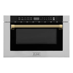 ZLINE Autograph 24" 1.2 cu. ft. Built-in Microwave Drawer in Stainless Steel and Polished Gold Helix Handle, MWDZ-1-H-KG