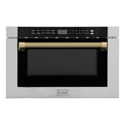 ZLINE Autograph 24" 1.2 cu. ft. Built-in Microwave Drawer in Stainless Steel and Polished Gold Helix Handle, MWDZ-1-H-KG