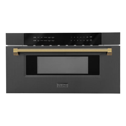 ZLINE Autograph 30" 1.2 cu. ft. Built-in Microwave Drawer in Black Stainless Steel and Polished Gold Helix Handle, MWDZ-30-BS-KG