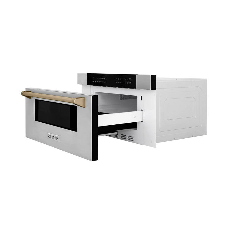 ZLINE Autograph Package - 48" Dual Fuel Range, Range Hood, Refrigerator, Microwave and Dishwasher in Stainless Steel with Bronze Accents