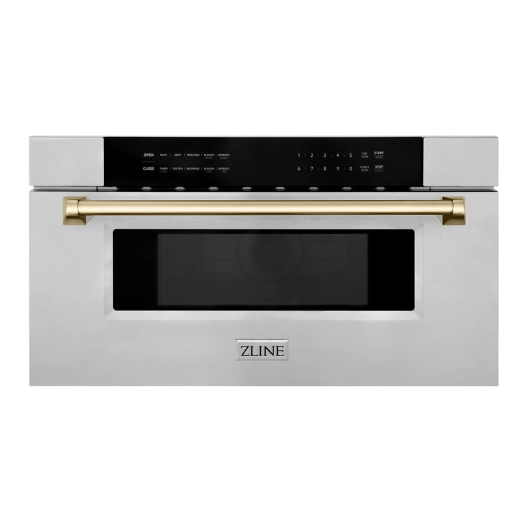 ZLINE Autograph Gold Package - 48" Rangetop, 48" Range Hood, Dishwasher, Built-In Refrigerator, Microwave Drawer