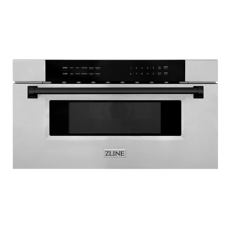 ZLINE Autograph Package - 48" Dual Fuel Range, Range Hood, Refrigerator with Water and Ice Dispenser, Microwave and Dishwasher in Stainless Steel with Black Accents