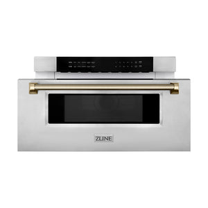ZLINE Autograph 30" 1.2 cu. ft. Built-in Microwave Drawer in Stainless Steel and Polished Gold Helix Handle, MWDZ-30-KG