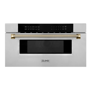 ZLINE Autograph 30" 1.2 cu. ft. Built-in Microwave Drawer in Stainless Steel and Polished Gold Helix Handle, MWDZ-30-KG