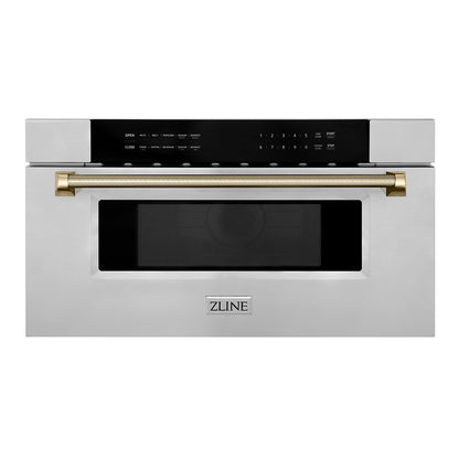 ZLINE Autograph 30" 1.2 cu. ft. Built-in Microwave Drawer in Stainless Steel and Polished Gold Helix Handle, MWDZ-30-KG