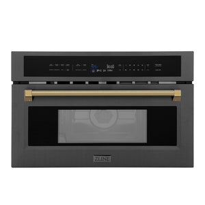 ZLINE Autograph 30" 1.6 cu ft. Built-in Convection Microwave Oven in Black Stainless Steel and Polished Gold Helix Handle, MWOZ-30-BS-KG