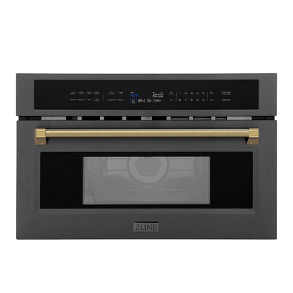 ZLINE Autograph 30" 1.6 cu ft. Built-in Convection Microwave Oven in Black Stainless Steel and Polished Gold Helix Handle, MWOZ-30-BS-KG