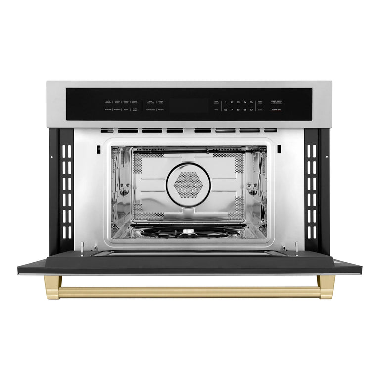 ZLINE Autograph Bronze Package - 48" Rangetop, 48" Range Hood, Dishwasher, Refrigerator with External Water and Ice Dispenser, Microwave Oven