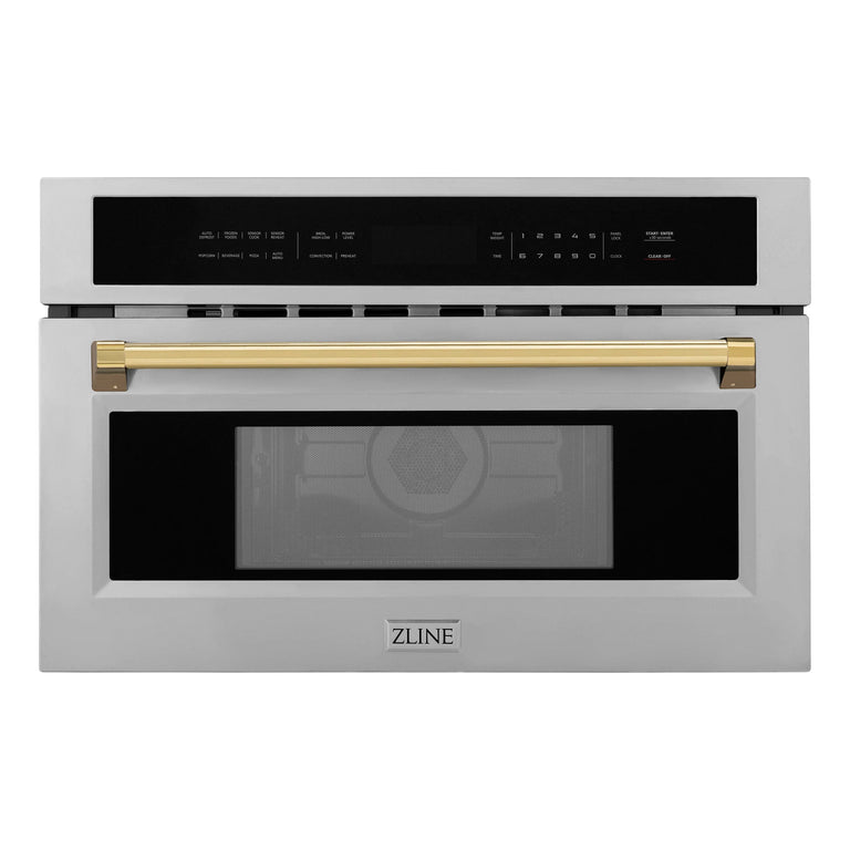 ZLINE Autograph Gold Package - 36" Rangetop, 36" Range Hood, Dishwasher, Refrigerator with External Water and Ice Dispenser, Microwave Oven