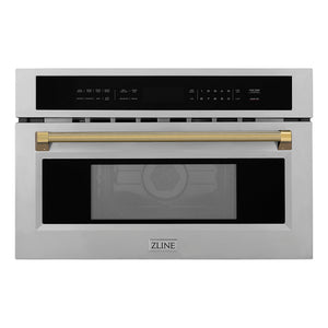 ZLINE Autograph 30" 1.6 cu ft. Built-in Convection Microwave Oven in Stainless Steel and Polished Gold Helix Handle, MWOZ-30-KG