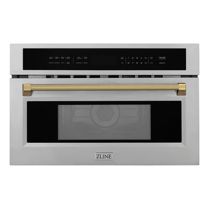 ZLINE Autograph 30" 1.6 cu ft. Built-in Convection Microwave Oven in Stainless Steel and Polished Gold Helix Handle, MWOZ-30-KG