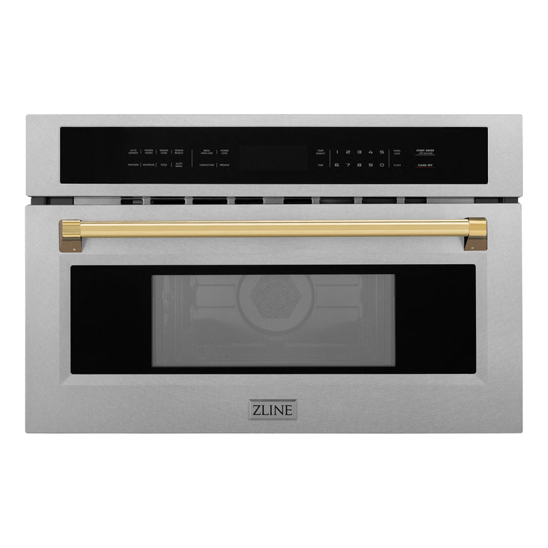 ZLINE Autograph 30" Built-in Convection Microwave Oven in DuraSnow® Stainless Steel with Gold Accents, MWOZ-30-SS-G