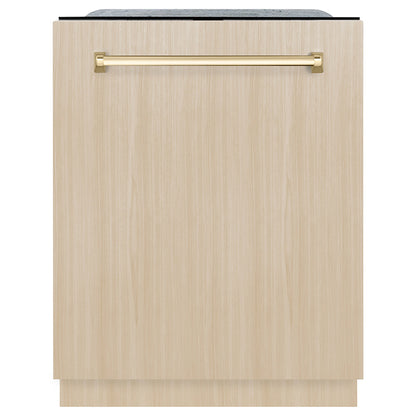 ZLINE Monument Autograph Edition 24-Inch Top Control Built-In Dishwasher, Panel Ready, Polished Gold Handle, 44 dBA, DWMTZ-24-G