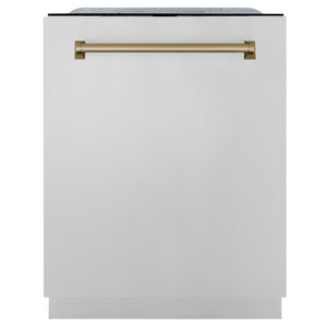 ZLINE Autograph Edition 24 In. Tall Dishwasher, Touch Control, in Stainless Steel with Champagne Bronze Handle, DWMTZ-304-24-CB