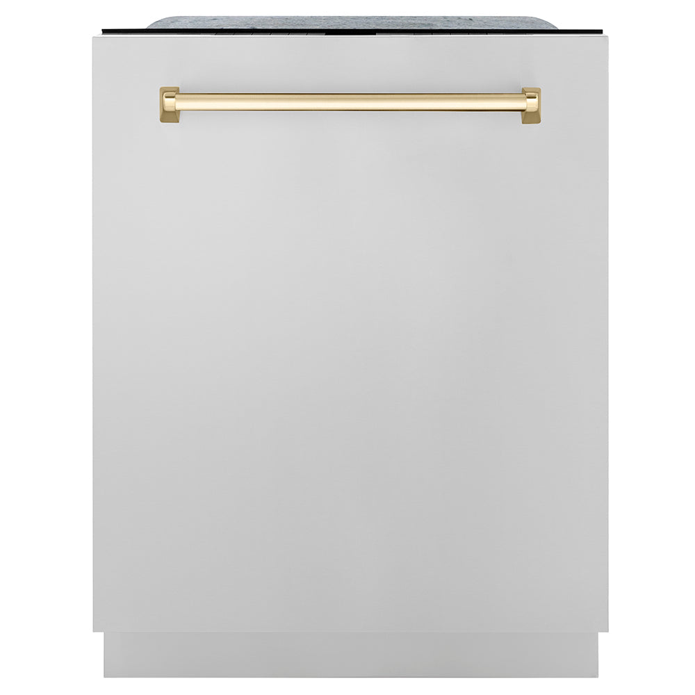 ZLINE Monument Autograph Edition 24-Inch Top Control Built-In Dishwasher, Stainless Steel Panel, Polished Gold Handle, 44 dBA, DWMTZ-304-24-G