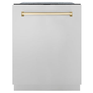 ZLINE Monument Autograph Edition 24-Inch Top Control Built-In Dishwasher, Stainless Steel Panel, Polished Gold Handle, 44 dBA, DWMTZ-304-24-G