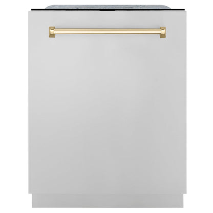 ZLINE Monument Autograph Edition 24-Inch Top Control Built-In Dishwasher, Stainless Steel Panel, Polished Gold Handle, 44 dBA, DWMTZ-304-24-G