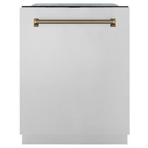 ZLINE Autograph 24" Monument Series 3rd Rack Top Touch Control Tall Tub Dishwasher in Stainless Steel with Champagne Bronze Helix Handle, 45dBa, DWMTZ-30424-KCB