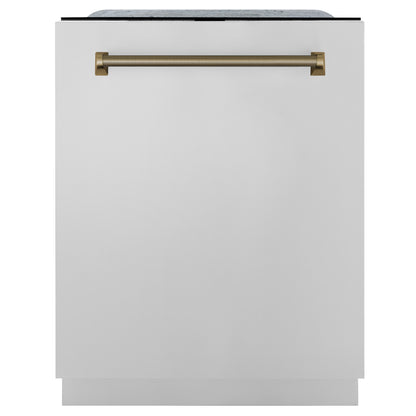 ZLINE Autograph 24" Monument Series 3rd Rack Top Touch Control Tall Tub Dishwasher in Stainless Steel with Champagne Bronze Helix Handle, 45dBa, DWMTZ-30424-KCB