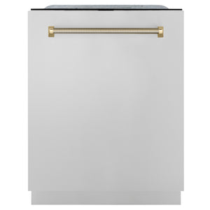 ZLINE Autograph 24" Monument Series 3rd Rack Top Touch Control Tall Tub Dishwasher in Stainless Steel with Polished Gold Helix Handle, 45dBa, DWMTZ-30424-KG