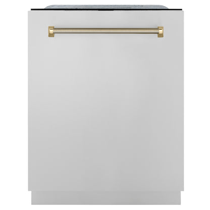 ZLINE Autograph 24" Monument Series 3rd Rack Top Touch Control Tall Tub Dishwasher in Stainless Steel with Polished Gold Helix Handle, 45dBa, DWMTZ-30424-KG