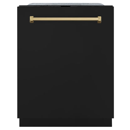ZLINE Monument Autograph Edition 24-Inch Top Control Built-In Dishwasher, Black Matte Panel, Traditional Champagne Bronze Handle, 45 dBA (DWMTZ-BLM-24-CB)
