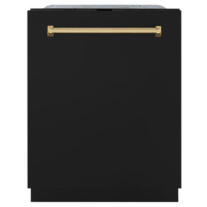 ZLINE Monument Autograph Edition 24-Inch Top Control Built-In Dishwasher, Black Matte Panel, Polished Gold Handle, 44 dBA, DWMTZ-BLM-24-G