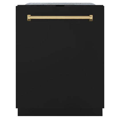 ZLINE Monument Autograph Edition 24-Inch Top Control Built-In Dishwasher, Black Matte Panel, Traditional Polished Gold Handle, 45 dBA (DWMTZ-BLM-24-G)