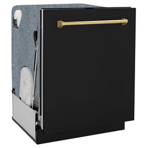 ZLINE Monument Autograph Edition 24-Inch Top Control Built-In Dishwasher, Black Matte Panel, Polished Gold Handle, 44 dBA, DWMTZ-BLM-24-G