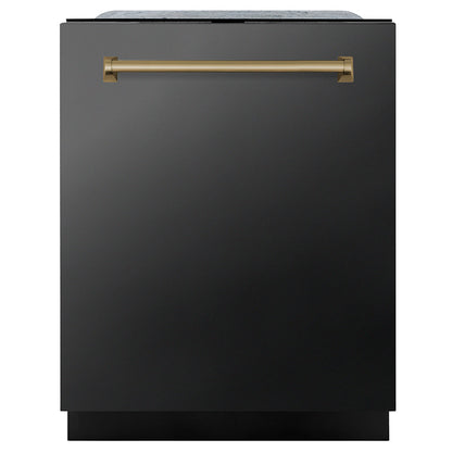 ZLINE Monument Autograph Edition 24-Inch Top Control Built-In Dishwasher, Black Stainless Steel Panel, Champagne Bronze Handle, 44 dBA, DWMTZ-BS-24-CB