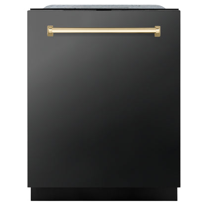 ZLINE Autograph 24" Monument Series 3rd Rack Top Touch Control Tall Tub Dishwasher in Black Stainless Steel with Champagne Bronze Helix Handle, 45dBa, DWMTZ-BS-24-KCB