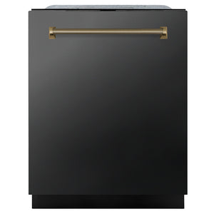 ZLINE Monument Autograph Edition 24-Inch Top Control Built-In Dishwasher, Black Stainless Steel Panel, Champagne Bronze Helix Handle, 44 dBA, DWMTZ-BS-24-KCB
