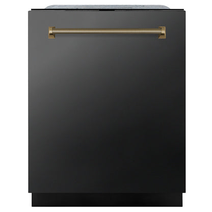 ZLINE Monument Autograph Edition 24-Inch Top Control Built-In Dishwasher, Black Stainless Steel Panel, Champagne Bronze Helix Handle, 44 dBA, DWMTZ-BS-24-KCB