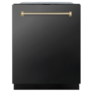 ZLINE Monument Autograph Edition 24-Inch Top Control Built-In Dishwasher, Black Stainless Steel Panel, Polished Gold Helix Handle, 44 dBA, DWMTZ-BS-24-KG