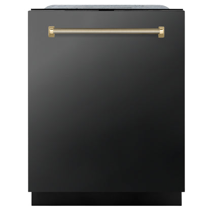 ZLINE Autograph 24" Monument Series 3rd Rack Top Touch Control Tall Tub Dishwasher in Black Stainless Steel with Polished Gold Helix Handle, 45dBa, DWMTZ-BS-24-KG