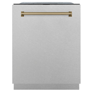 ZLINE Autograph 24" Monument Series 3rd Rack Top Touch Control Tall Tub Dishwasher with Satin Stainless Steel Panel and Champagne Bronze Handle, 45dBa, DWMTZ-SN-24-CB