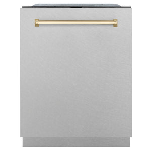 ZLINE Autograph 24" Monument Series 3rd Rack Top Touch Control Tall Tub Dishwasher with Satin Stainless Steel Panel and Polished Gold Handle, 45dBa, DWMTZ-SN-24-G