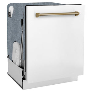 ZLINE Monument Autograph Edition 24-Inch Top Control Built-In Dishwasher, White Matte Panel, Champagne Bronze Handle, 44 dBA, DWMTZ-WM-24-CB