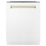ZLINE Monument Autograph Edition 24-Inch Top Control Built-In Dishwasher, White Matte Panel, Traditional Polished Gold Handle, 44 dBA (DWMTZ-WM-24-G)