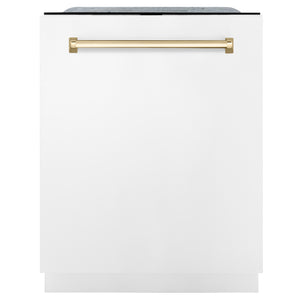ZLINE Autograph Edition 24 inch Tall Dishwasher, Touch Control, in White Matte with Gold Handle, DWMTZ-WM-24-G