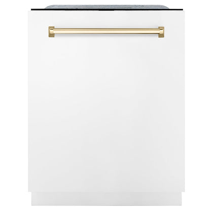 ZLINE Monument Autograph Edition 24-Inch Top Control Built-In Dishwasher, White Matte Panel, Traditional Polished Gold Handle, 44 dBA (DWMTZ-WM-24-G)
