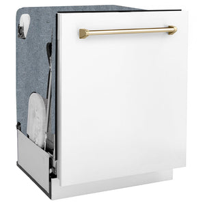 ZLINE Monument Autograph Edition 24-Inch Top Control Built-In Dishwasher, White Matte Panel, Polished Gold Handle, 44 dBA, DWMTZ-WM-24-G