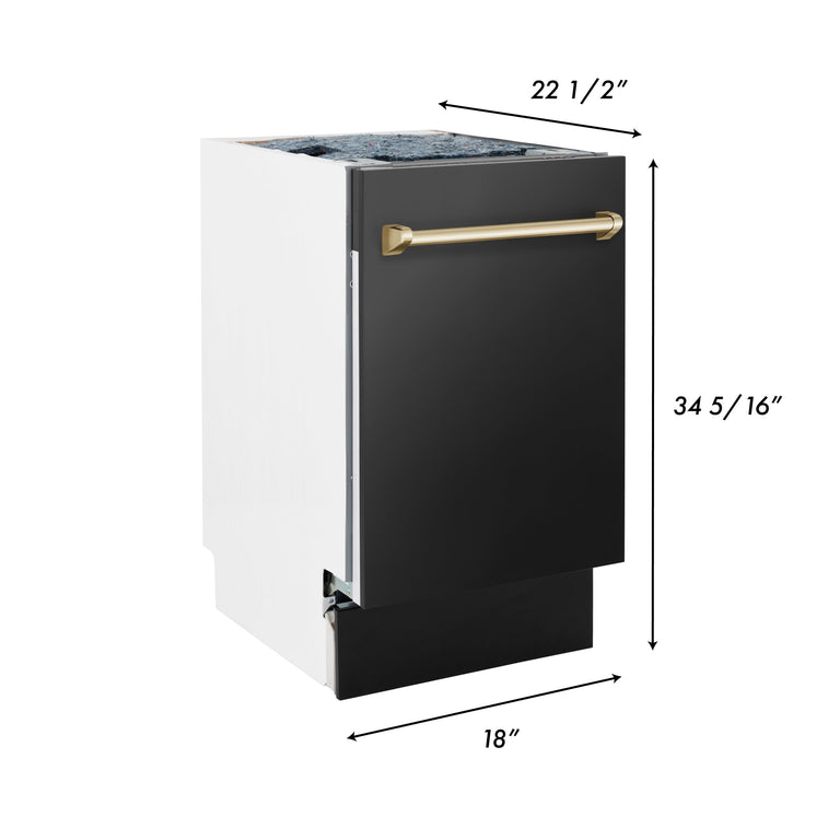 ZLINE 18" Autograph Edition Dishwasher in Black Stainless Steel with Gold Handle, DWVZ-BS-18-G