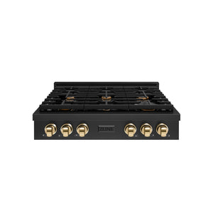 ZLINE Autograph 36" Paramount Gas Rangetop with 6 Burners and Porcelain Cooktop in Black Stainless Steel with Polished Gold Accents, SRTBZ-36-G