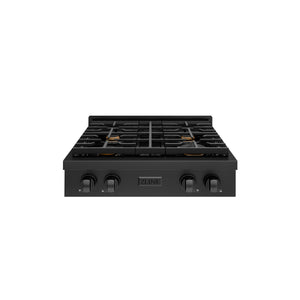 ZLINE Paramount 30" Gas Rangetop with 4 Brass Burners and Porcelain Cooktop in Black Stainless Steel, SRTB-BR-30