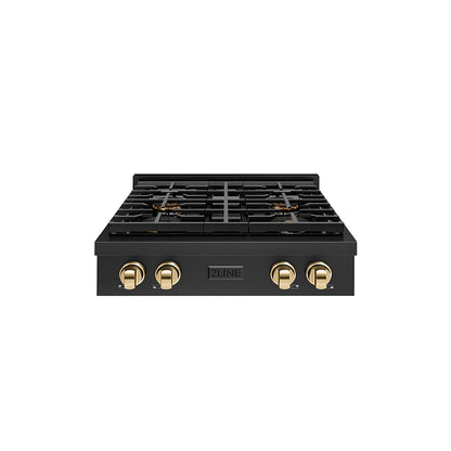 ZLINE Autograph 30" Paramount Gas Rangetop with 4 Burner DuoPro™ Cooktop in Black Stainless Steel and Polished Gold Accents, PSRTBZ-30-G