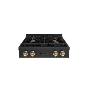 ZLINE Autograph 30" Paramount Gas Rangetop with 4 Burners and Porcelain Cooktop in Black Stainless Steel with Polished Gold Accents, SRTBZ-30-G
