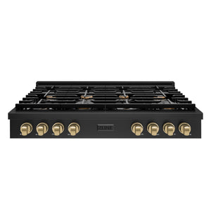 ZLINE Autograph 48" Paramount Gas Rangetop with 8 Burners, Cast Iron Griddle and Porcelain Cooktop in Black Stainless Steel with Champagne Bronze Accents, SRTBZ-48-CB